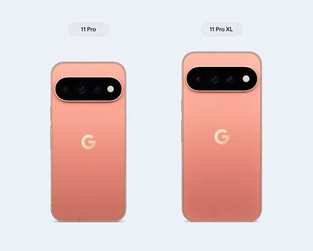 Google illustre la gamme par la comparaison des deux tailles : le 11 Pro a gauche, le 11 Pro XL a droite, en coloris Rose Peche. La reference suivie ici est le 11 Pro. — illustration officielle Google