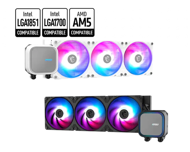 MSI illustre la gamme par ses deux coloris, blanc en haut et noir en bas, avec les sockets compatibles ; la référence suivie est la noire. — illustration officielle MSI